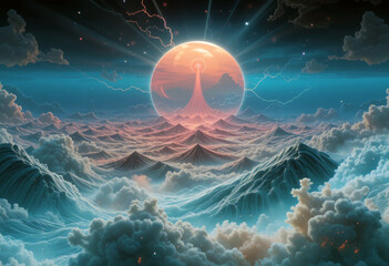 Vibrant Celestial Landscape Featuring Abstract Mountains and Radiant Sky.