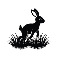Elegant silhouette of a rabbit hopping gracefully through tall grass on a clean white background