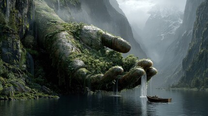Giant Stone Hand in Mountain Valley Lake Scene