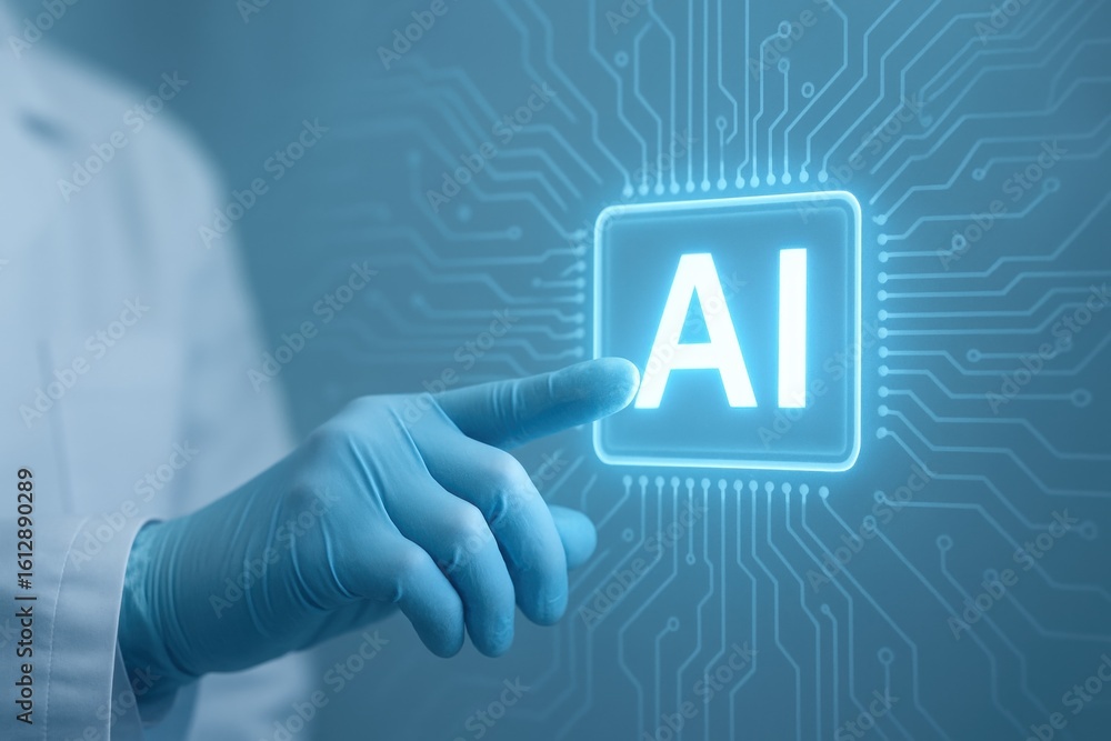 Aufkleber ai and the future: a close-up shot focuses on a hand in a blue glove interacting with an illuminated