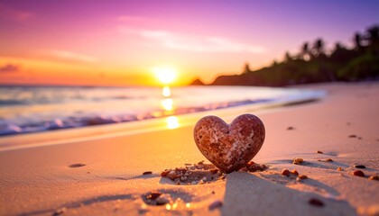 Heartshaped stone on tropical beach at sunset with romantic travel concept.