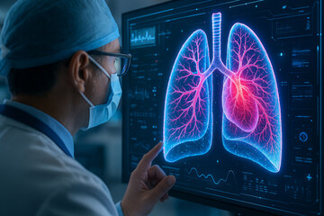 AI generated high tech medical visualization showing doctor analyzing human lungs using holographic interface in a futuristic diagnostic room with glowing data and biometric displays