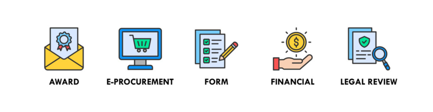 Public Procurement banner web icon illustration concept with icon of award, e procurement, form, financial, and legal review
