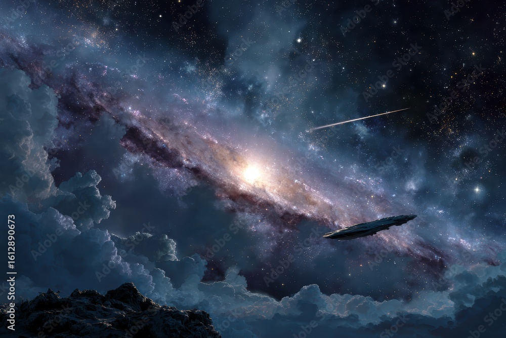 Poster exploration of a vibrant galaxy filled with twinkling stars and a distant spaceship gliding through 