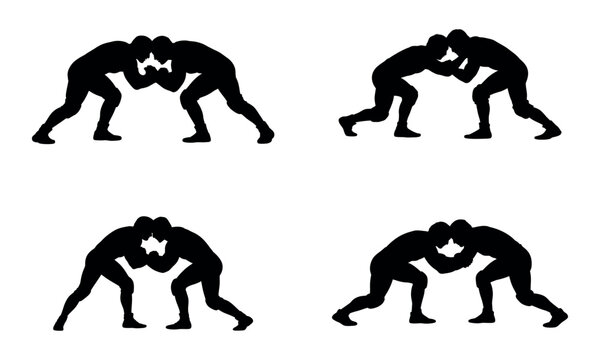 Wrestlers grappling silhouettes in action black sports icons
