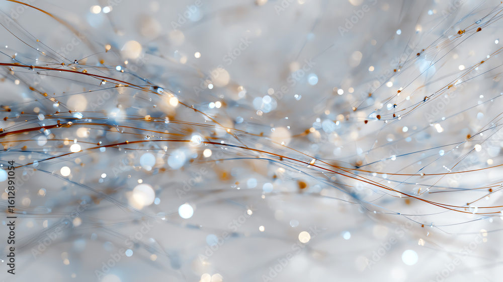 Poster abstract composition of shimmering lights and flowing strands, creating an ethereal atmosphere for c