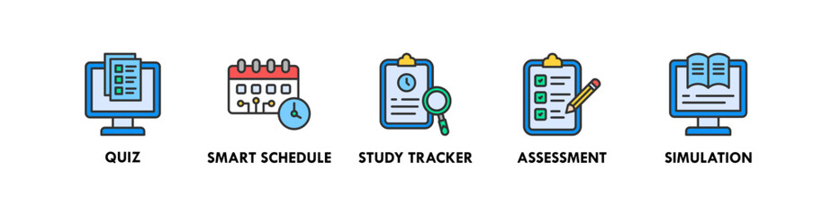 AI in Education banner web icon illustration concept with icon of quiz, smart schedule, study tracker, assessment, and simulation