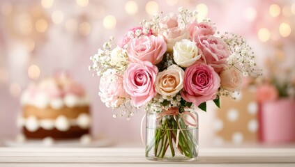 Obraz premium Floral Arrangement with Cake A bouquet of pink and cream roses with baby's breath in a glass jar sits on a white surface, alongside a tiered cake, against a soft bokeh backdrop of pinks and golds
