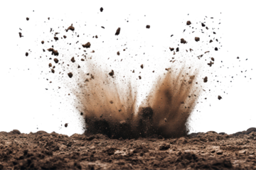 Brown dirt explosion with particles flying upwards isolated on transparent background. Explosive soil dirt eruption with debris flying in mid air isolated on white background.
