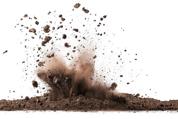 Brown dirt explosion with particles flying upwards isolated on transparent background. Explosive soil dirt eruption with debris flying in mid air isolated on white background.
