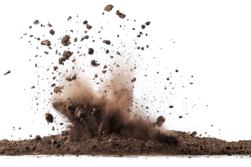Brown dirt explosion with particles flying upwards isolated on transparent background. Explosive soil dirt eruption with debris flying in mid air isolated on white background.