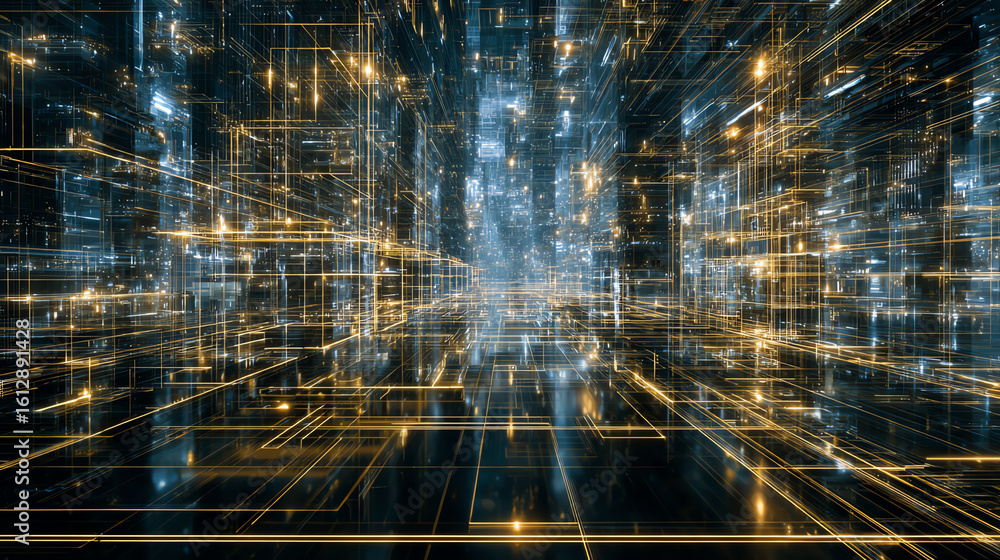 Poster abstract digital landscape featuring glowing lines and particles, representing data flow and technol
