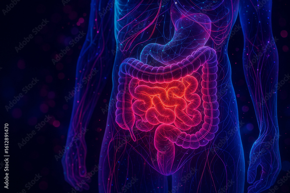 Poster ai generated sci-fi style image of a glowing human digestive system with semi-abstract intestines an