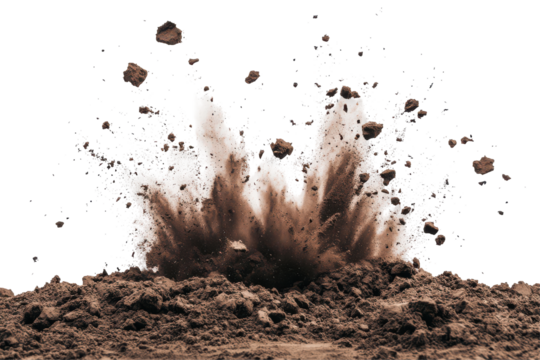 Brown dirt explosion with particles flying upwards isolated on transparent background. Explosive soil dirt eruption with debris flying in mid air isolated on white background.
