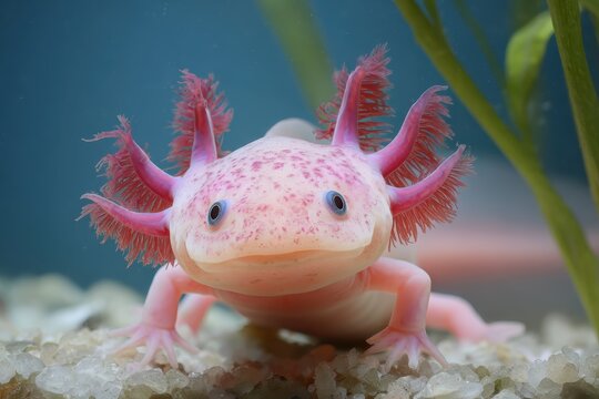 Cute pink axolotl Ambystoma mexicanum swimming gracefully in a freshwater aquarium surrounded by gravel during a sunny afternoon
