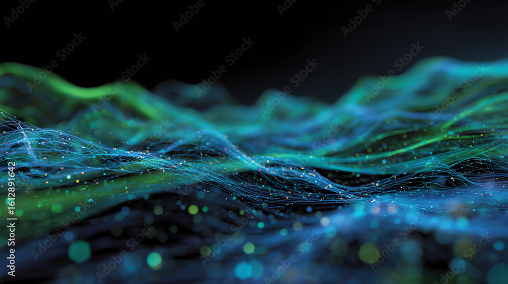 Poster abstract digital waves in vibrant colors, creating a sense of movement and depth against a dark back