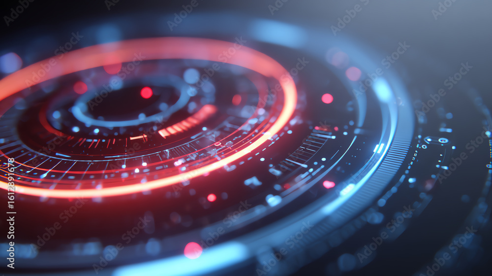 Poster abstract futuristic digital interface with glowing circles and lines, showcasing a high-tech design 