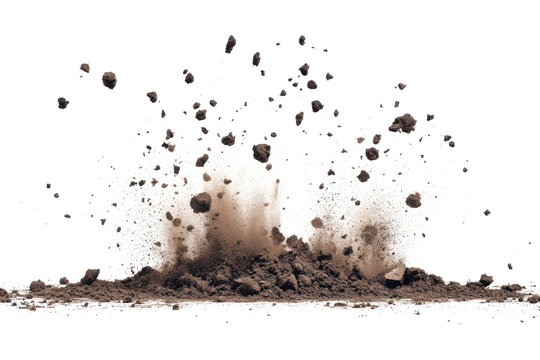 Brown dirt explosion with particles flying upwards isolated on transparent background. Explosive soil dirt eruption with debris flying in mid air isolated on white background.