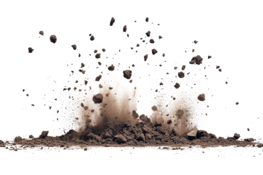 Brown dirt explosion with particles flying upwards isolated on transparent background. Explosive soil dirt eruption with debris flying in mid air isolated on white background.