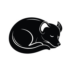 A peaceful sleeping dog curled up in a simple black silhouette on a clean white background