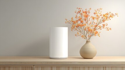 A minimalist display featuring a cylinder and a vase of dried flowers on a wooden surface.