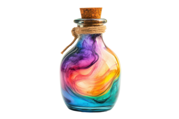 Colorful swirling liquid in a corked glass bottle isolated on transparent background. Fantasy potion in a glass bottle swirling with colors of the rainbow isolated on white background.