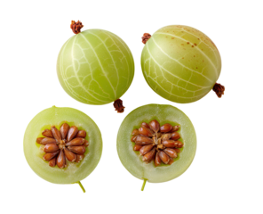 Close-up of four gooseberries, two whole and two halved, displaying vibrant green skin and brown seeds