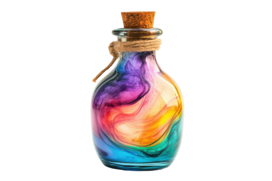 Colorful swirling liquid in a corked glass bottle isolated on transparent background. Fantasy potion in a glass bottle swirling with colors of the rainbow isolated on white background.