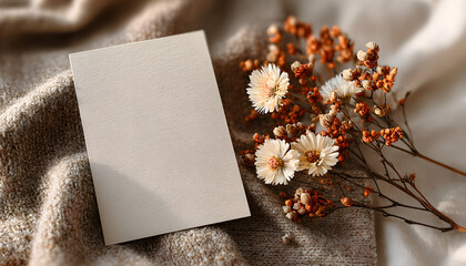 Flatlay of aesthetic Parisian styled business branding template. Blank paper sheet card with mockup copy space, dry flowers branch and cloth on neutral beige background. Flat lay, top view, clipart