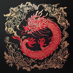 Beautiful symmetrical Chinese Zodiac Dragon red paper cut art with gold foil details placed on black background, traditional folk art, holiday celebration, Chinese New Year decoration theme.