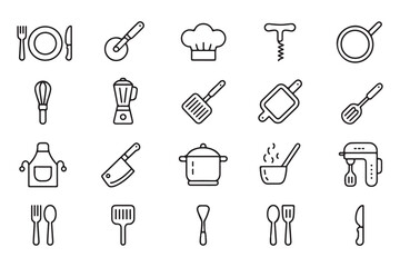 Kitchen utensils line art seamless pattern cooking equipment vector illustration culinary tools in minimalist style for restaurant menu design and food related graphics
