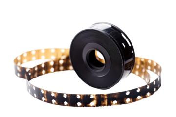 Roll of led strip lights with illuminated bulbs isolated on transparent background. Film strip with a black grunge border blank in the middle for text or design on white background.