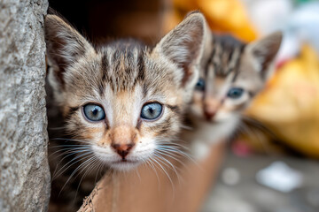 Two curious tabby kittens peek out from a cardboard box, showcasing their stunning blue eyes and playful expressions in a charming outdoor setting.