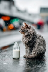 A fluffy gray cat sits beside a bottle of milk on a rainy street, gazing thoughtfully into the distance amidst a soft backdrop of urban life.