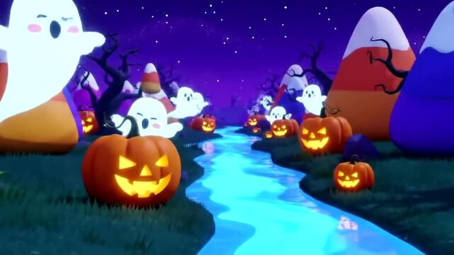 A whimsical halloween landscape at night features cute ghosts, glowing pumpkins, and candy corn 4k video