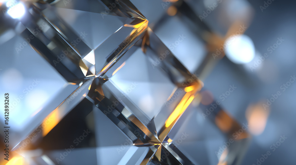 Poster an abstract close-up of shining glass crystals reflecting light, creating a stunning visual effect t