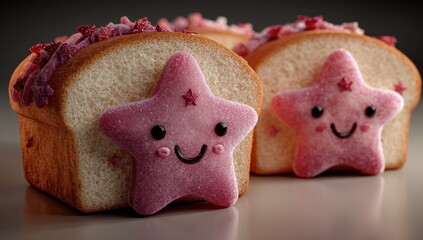 Two bread slices topped with pink, happy, star-shaped fondant figures. A blurry, similar piece sits behind on a reflective, neutral surface