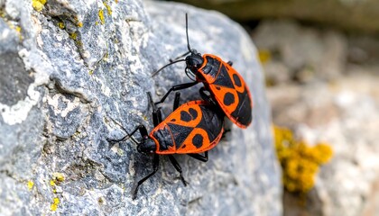 Two red and black bugs on a rock (1)