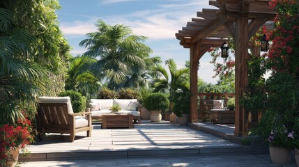 Back Yard Palm Trees. Exotic Patio Terrace with Outdoor Furniture and Shade Gazebo