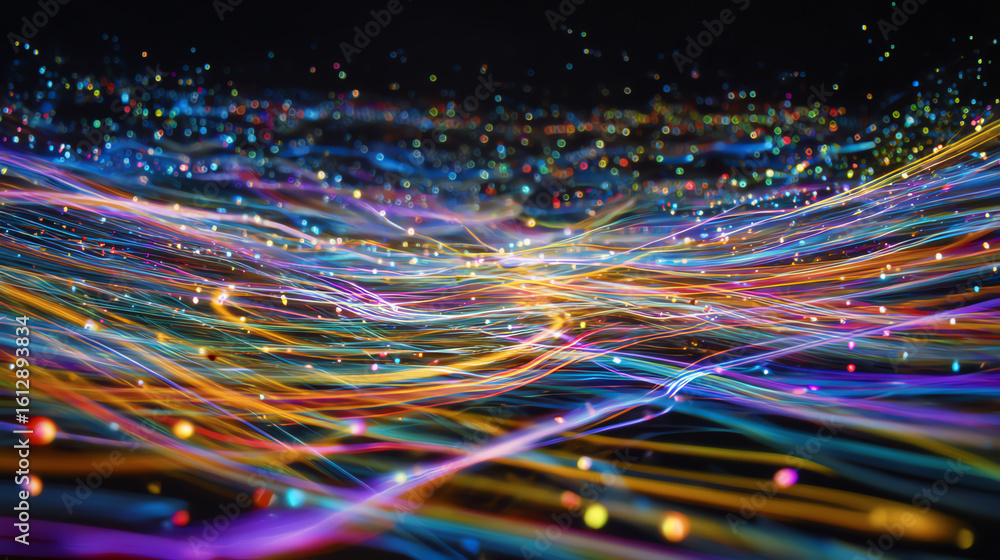 Poster an abstract representation of vibrant light trails moving through a dark space, showcasing dynamic m