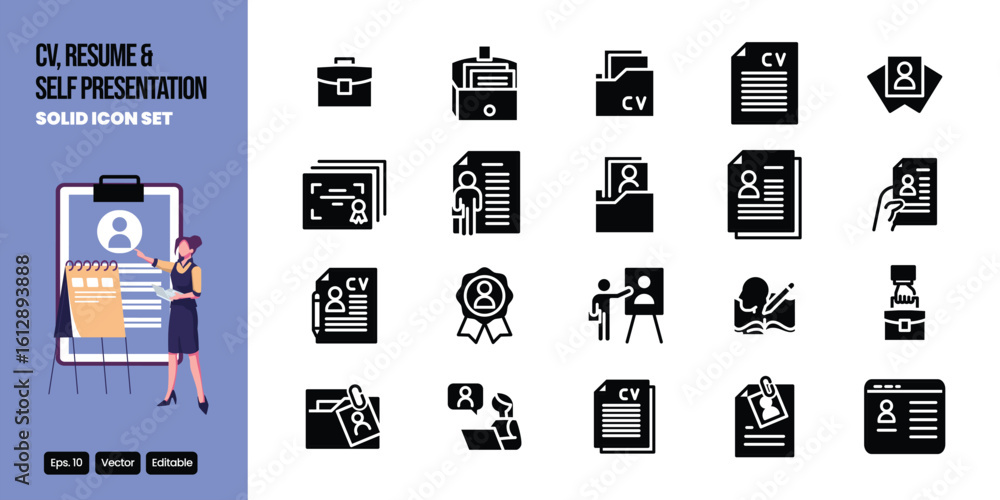 Poster cv resume and self presentation solid icon set vector design good for web and mobile app