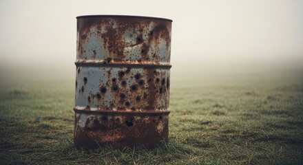A rusty, holeridden barrel sits in a foggy grassy field