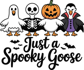 Fototapeta premium Just a Spooky Goose, Cute Halloween Geese Dressed as Skeleton, Pumpkin, and Vampire with Bats, Fun and Whimsical Holiday Illustration for Goose Lovers
