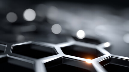 Abstract geometric surface made of black glossy hexagons stretching infinitely with ambient glow, highlighting texture and depth in a futuristic cyber tech environment,black hexagon pattern, carbon