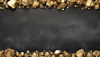 Golden nuggets border a dark gray slate background, creating a frame. Metallic, irregular shapes gleam, contrasting with the rough texture of the stone. Space for text or design in the center
