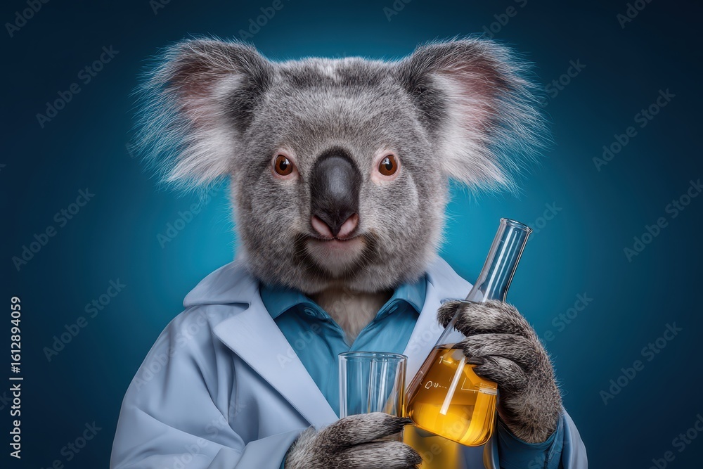 Poster cute koala scientist conducting experiments with a flask and test tube in a laboratory setting durin