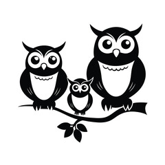Three owls in distinct flying poses perched above a branch illustration