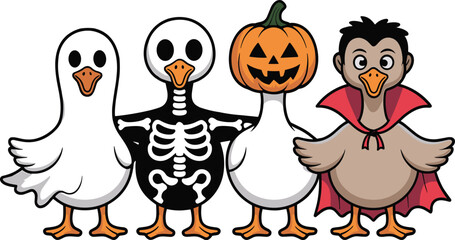 Spooky Goose , Cute Halloween Geese Dressed as Skeleton, Pumpkin, and Vampire with Bats,Fun and Whimsical Holiday Illustration for Goose Lovers