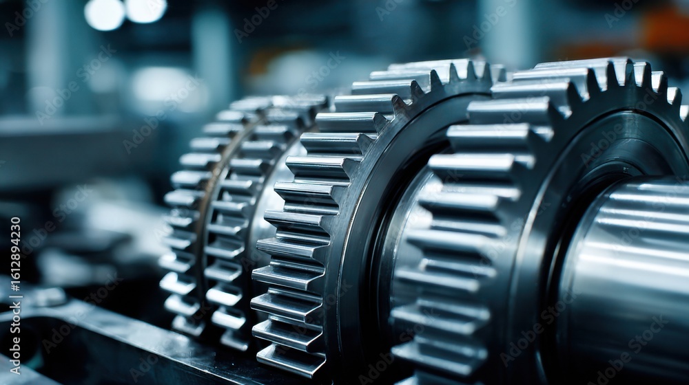 Poster modern gears interlock in a factory, highlighting the complexity of mechanical engineering. the meta