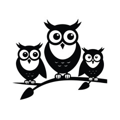 Three owls in distinct flying poses above a branch illustration